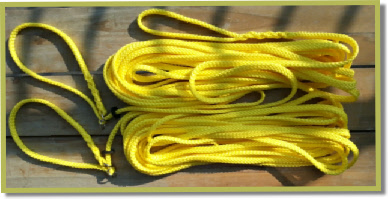 8 mm trainingslijnen met half slip halsband. Tien meter lengte in geel. In opdracht gemaakt voor beveiligingsdoeleinden.